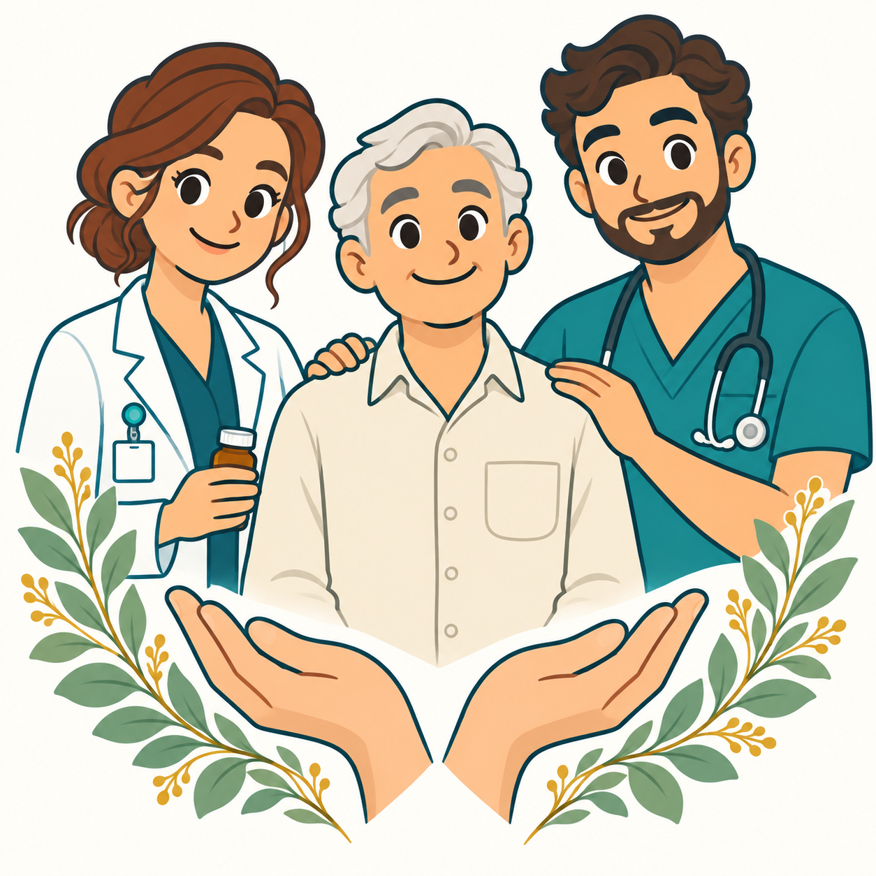 An adult patient supported by a pharmacist and doctor, cradled by protective hands.